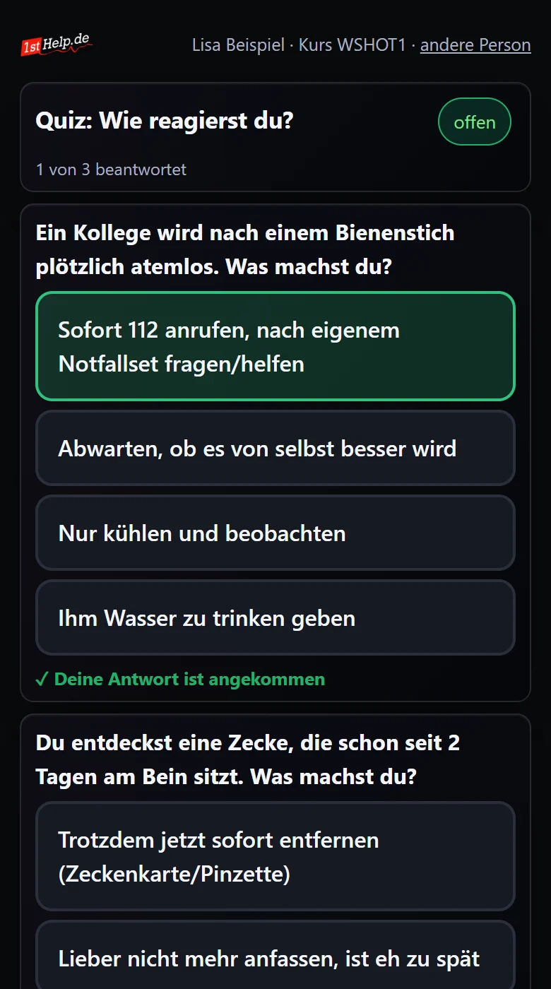 Live-Quiz auf dem Handy während eines Erste-Hilfe-Kurses
